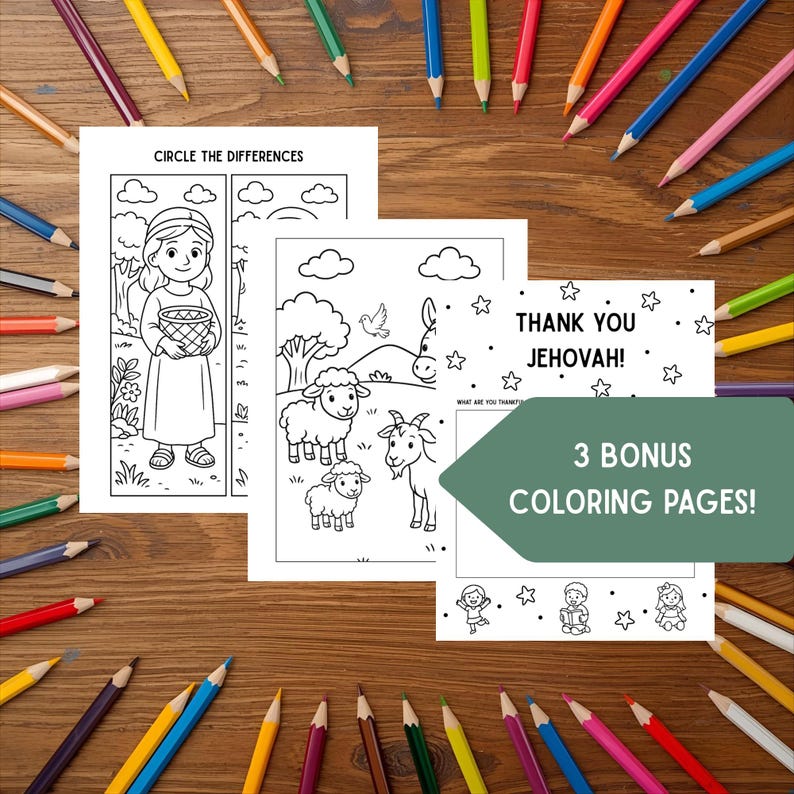 May include: Three black and white coloring pages featuring illustrations of a girl, sheep, and goats. Text includes "CIRCLE THE DIFFERENCES", "THANK YOU JEHOVAH!", and "3 BONUS COLORING PAGES!" Colouring pencils are arranged around the pages.