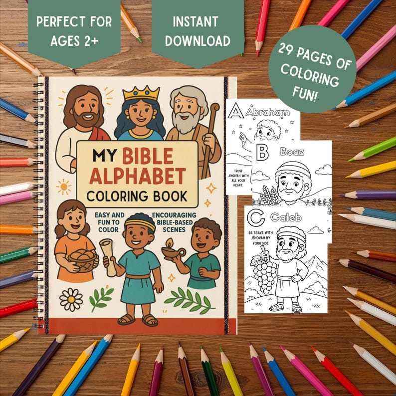 May include: A children's coloring book titled "My Bible Alphabet Coloring Book" with illustrations of biblical figures. The cover features cartoon characters and the text "Easy and Fun to Color" and "Encouraging Bible-Based Scenes." The image also includes sample coloring pages and colored pencils.