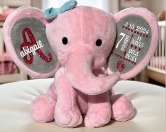 Elefante rosa de peluche personalizado: Recuerdo de las estadísticas del nacimiento del bebé