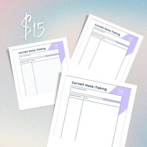 May include: Three white Cornell Note-Taking templates with a light purple accent. The templates have sections for topic, questions, and notes. The text "Cornell Notes Template" is at the top in a black, handwritten-style font.