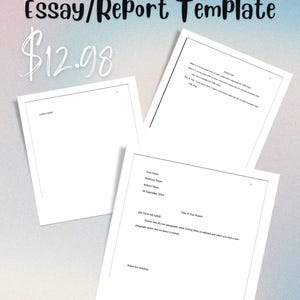 May include: An image of three white paper templates for an MLA student essay or report. The text "MLA Student Essay/Report Template" is at the top. The price is $12.98. The background is a gradient of blue and white.
