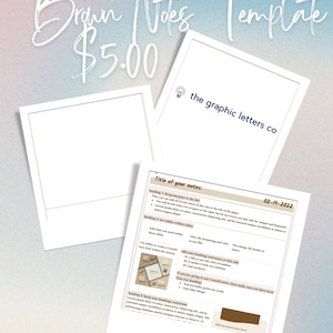 May include: A digital template for Brown Notes, with a light blue and pink gradient background. The template includes sample notes with headings and a Cornell note-taking layout. The price is $5.00.