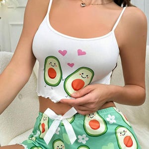 Women Avocado Print Camisole Pajamas Top & Shorts Set