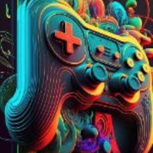 May include: A colorful, abstract, 3D rendering of a classic video game controller with a plus sign button. The controller is surrounded by swirling, organic shapes in shades of blue, green, orange, and purple.