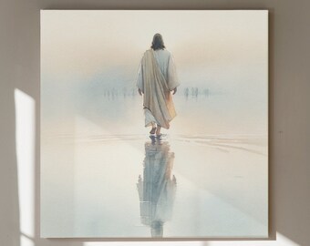 Minimalistic Watercolor Print of Jesus Walking on Water - 36"x36" Digital Art - Reflective Spiritual Wall Decor