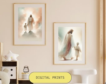 Set of Two Watercolor Digital Prints - Jesus and Child - 36"x24" Inspirational Christian Art