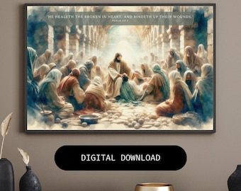 Watercolor Digital Print of Jesus Healing in the Temple - 36"x24" Religious Art - Inspirational Spiritual Decor