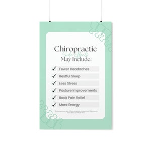 Può includere: Un poster verde con un contorno bianco di una colonna vertebrale. Il testo sul poster recita "Chiropractic Side Effects May Include:" seguito da un elenco di potenziali benefici: Meno mal di testa, Sonno ristoratore, Meno stress, Miglioramento della postura, Sollievo dal mal di schiena e Più energia.