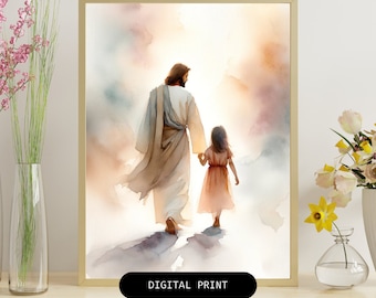 Watercolor Digital Print of Jesus Holding a Girl's Hand - 36"x24" Christian Inspirational Art