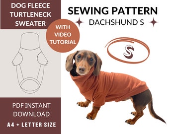 Dog Fleece Sewing Pattern | Dachshund size (S) | Turtleneck Sweater | Video and Photo Instructions | Long Dog Sweater | Suitable for Cats