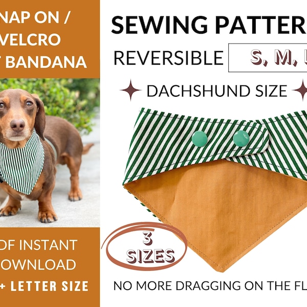 Dog Bandana | Dachshund (S, M, L) Sewing Patterns  | PDF Download | Reversible Bandana Pattern | Pet Bandana | Snap button or Velcro closure