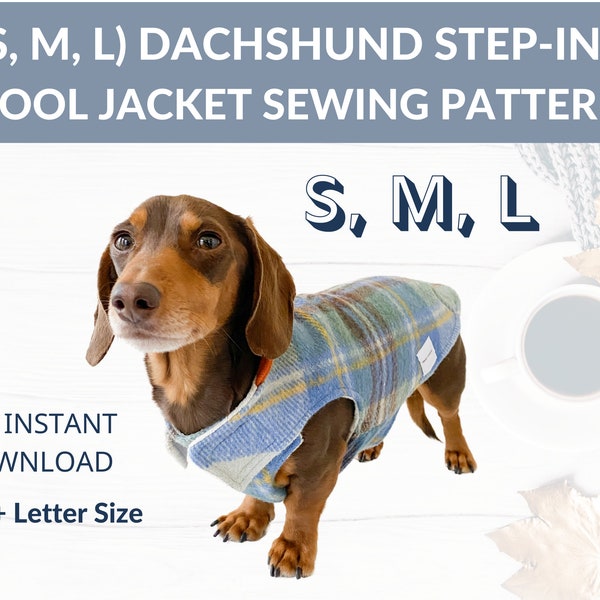 Bundle (S, M, L) Dachshund Wool Coat | Step-In Design | Sewing Pattern | Winter jacket for wieners | Long dog coat | Photo Instructions