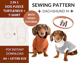 Dachshund Jumper Sewing Pattern | Size M | 2-designs | PDF download | Video Instructions | Turtleneck Fleece + T-shirt | Mix and Match