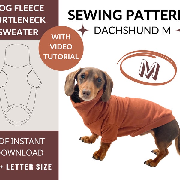 Dog Fleece Sewing Pattern | Dachshund size (M) | Turtleneck Sweater | Long Dog sweater | Video Instructions | PDF Download