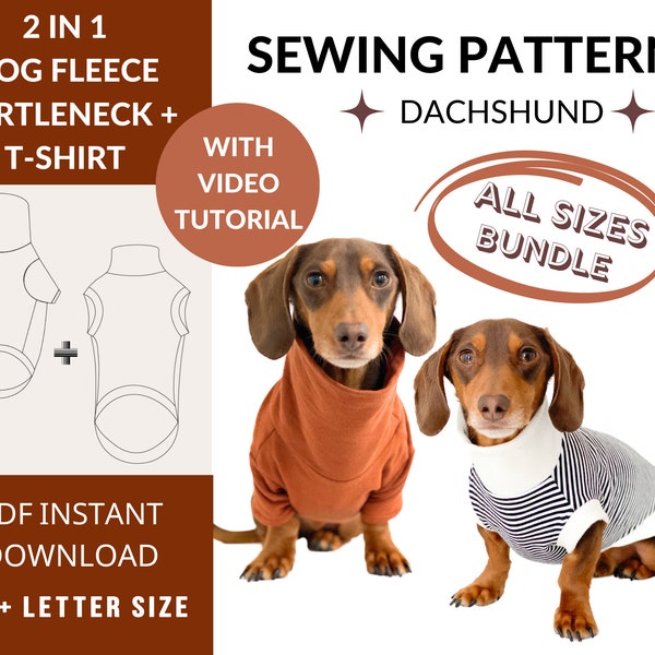 Bundle All Sizes (XS - XL) | Dachshund Jumper Sewing Pattern | With Video Tutorial | PDF download | Turtleneck Fleece + T-shirt