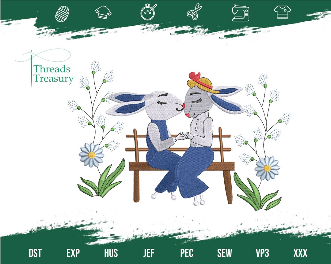Chinoiserie Rabbits Embroidery Design, Easter Floral Bunny Embroidery ...