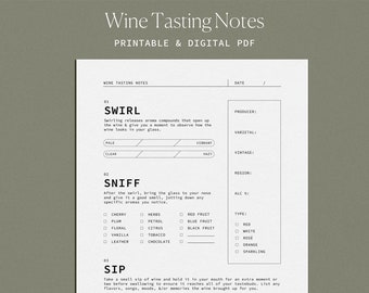 May include: Printable wine tasting notes template with sections for swirl, sniff, and sip. The template includes fields for producer, varietal, vintage, region, alcohol content, and type of wine.