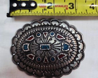 Hebilla de cinturón vintage estilo suroeste turquesa y coral, estilo concho occidental en tono plateado, de 8,9 cm. Pieza llamativa.