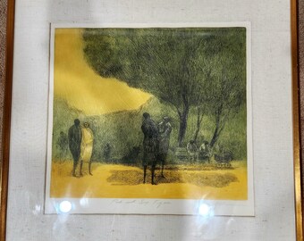 Grabado firmado por Harold Altman 132/185 "Parque de seis figuras", edición limitada, artista de Chicago