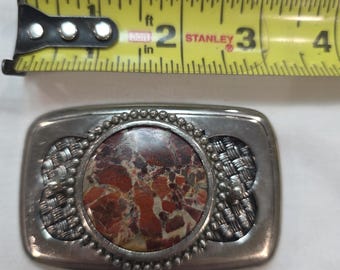 Hebilla de cinturón vintage del suroeste con piedra de jaspe rojo en tono plateado occidental, estilo nativo