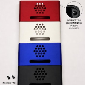 May include: Four ZK1001U amplifier cases in red, white, blue, and black, each featuring a hexagonal vent pattern and a rectangular slot. The text ZK1001U AMPLIFIER CASES is visible. Includes two black mounting screws and two #4 x 1/4" black screws.