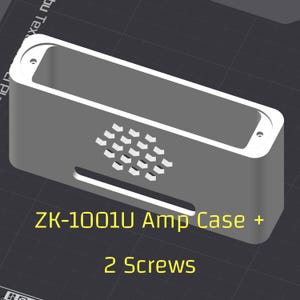 May include: A gray rectangular ZK-1001U Amp Case with a series of small, geometric cutouts on the side. The case has a rectangular opening at the top and includes two screws. The text "2 Screws" is visible.