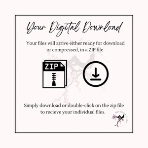 Puede incluir: Un gr&aacute;fico de descarga digital con un icono de archivo ZIP en blanco y negro y un icono de flecha de descarga negro. El texto dice "Su descarga digital" y "Sus archivos llegar&aacute;n listos para descargar o comprimidos, en un archivo ZIP." El texto tambi&eacute;n dice "Simplemente descargue o haga doble clic en el archivo zip para recibir sus archivos individuales."