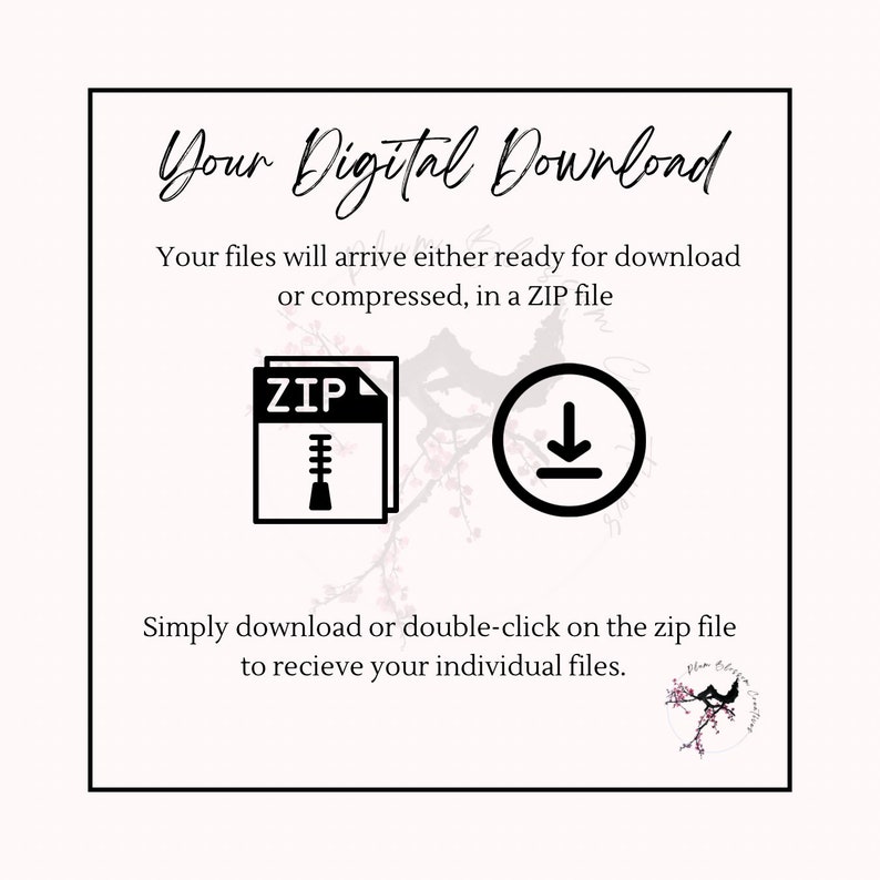 Puede incluir: Un gr&aacute;fico de descarga digital con un icono de archivo ZIP en blanco y negro y un icono de flecha de descarga negro. El texto dice "Su descarga digital" y "Sus archivos llegar&aacute;n listos para descargar o comprimidos, en un archivo ZIP." El texto tambi&eacute;n dice "Simplemente descargue o haga doble clic en el archivo zip para recibir sus archivos individuales."
