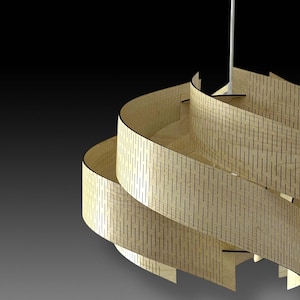May include: A modern, wooden pendant light fixture with a spiral design. The light fixture is made of light-colored wood with vertical, black, linear cutouts. The fixture hangs from a white cord and is set against a dark background.