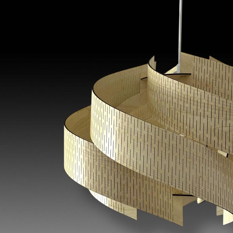 May include: A modern, wooden pendant light fixture with a spiral design. The light fixture is made of light-colored wood with vertical, black, linear cutouts. The fixture hangs from a white cord and is set against a dark background.