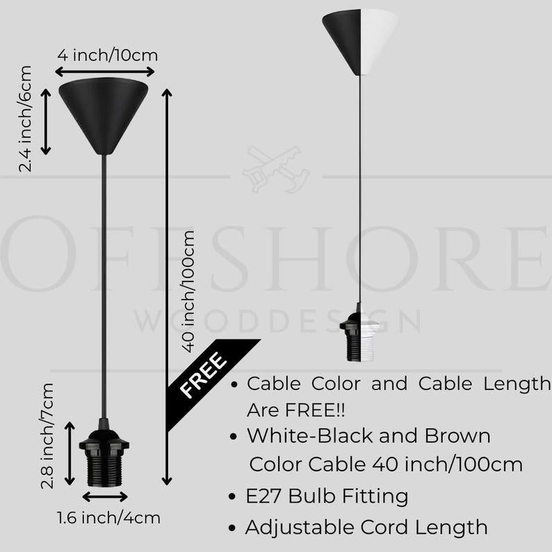 May include: Black and white pendant light fixture with a cone-shaped shade, 4 inches (10cm) wide, and a 40-inch (100cm) cable. The fixture includes an E27 bulb fitting and adjustable cord length. The cable color and length are free.