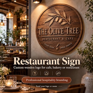 Könnte beinhalten: Ein rundes Holzschild mit einem geschnitzten Olivenzweig und dem Schriftzug The Olive Tree Restaurant & Cafe sowie dem Satz Good Food Great People. Das Schild enthält Symbole für Gabel und Messer, eine Kaffeetasse und einen Laib Brot.