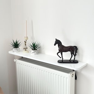 May include: A white shelf with decorative items. Two small potted plants with green spiky leaves and a candle holder with a lit candle are on the left. A dark brown horse figurine stands on the right.