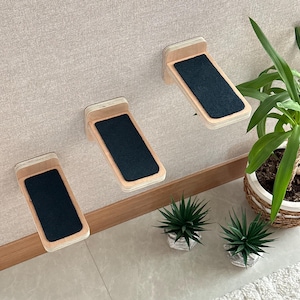 May include: Three wooden cat shelves mounted on a wall. Each shelf has a black felt pad and is made of light wood. The shelves are arranged in a staggered pattern, with the top shelf being the furthest to the right. The shelves are mounted on a light gray wall.