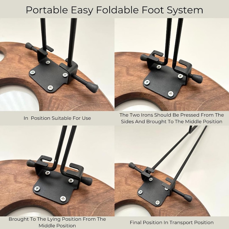May include: Close-up of a wooden table leg with a black metal folding mechanism. The mechanism is shown in four different positions: folded, partially folded, unfolded, and fully extended. The text "Portable Easy Foldable Foot System" is visible at the top of the image.