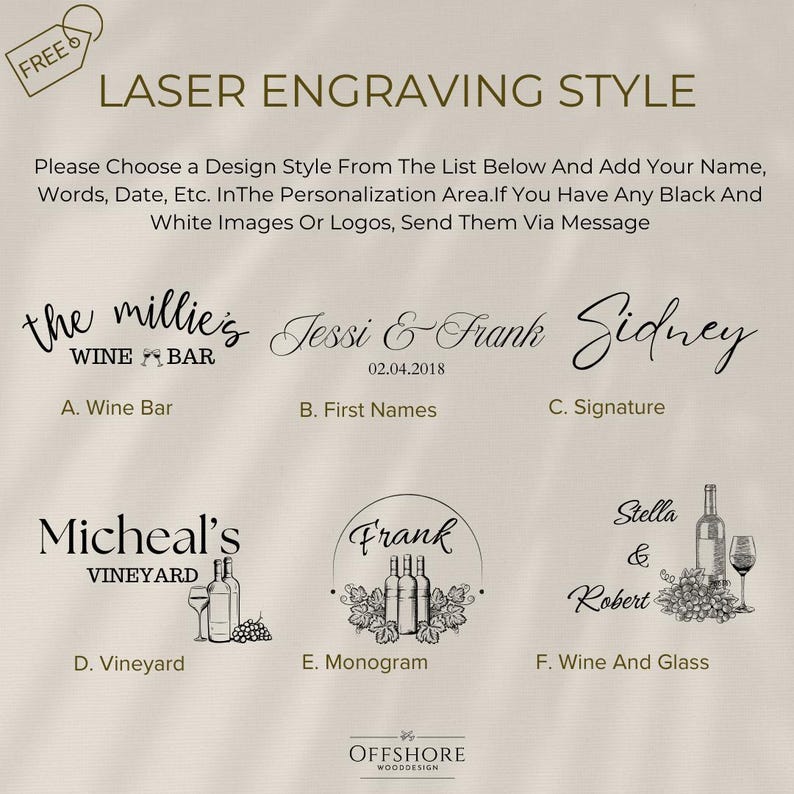 May include: A guide to different laser engraving styles for wine-related items.  The styles include: Wine Bar, First Names, Signature, Vineyard, Monogram, and Wine and Glass.  The text "the millie's WINE BAR" is shown in the Wine Bar style.  The text "Jessi & Frank 02.04.2018" is shown in the First Names style.  The text "Sidney" is shown in the Signature style.  The text "Micheal's VINEYARD" is shown in the Vineyard style.  The text "Frank" is shown in the Monogram style.  The text "Stella & Robert" is shown in the Wine and Glass style.