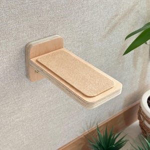 Puede incluir: Una estantería de madera para gatos con una superficie de alfombra beige montada en una pared. La estantería está hecha de madera contrachapada y tiene un borde redondeado.