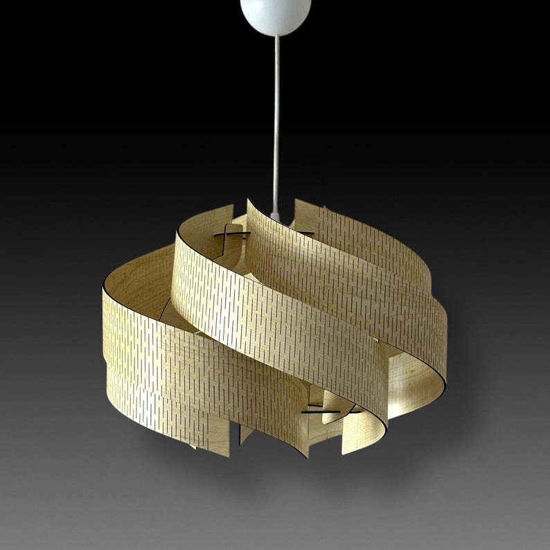 May include: A modern, hanging light fixture with a unique design. The light features a series of curved, wooden panels with vertical perforations, creating a layered, swirling effect. The fixture is suspended from a white cord and ceiling mount.