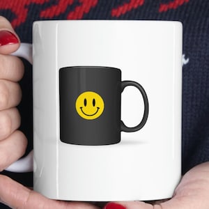 Black Smiley Face Mug   White Ceramic Coffee Cup  Cute Minimalist Happy Face Gift