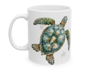 Sea Turtle Mug: Ocean Illustration Ceramic Coffee Cup