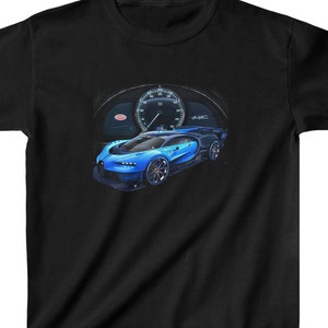 May include: A black t-shirt featuring a blue Bugatti car and a speedometer graphic. The car is positioned centrally on the shirt, with the speedometer behind it. The speedometer displays a speed of 400 km/h.