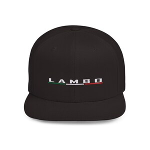 May include: Black flat brimmed baseball cap with the word "LAMBO" embroidered in white with a green, white, and red stripe underneath.
