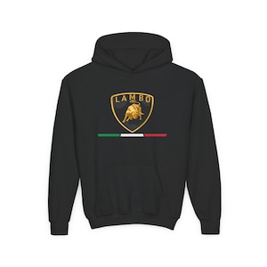 May include: Black hooded sweatshirt featuring a gold Lamborghini logo with a bull emblem and the word "LAMBO". Below the logo is a horizontal stripe in the colors of the Italian flag: green, white, and red.