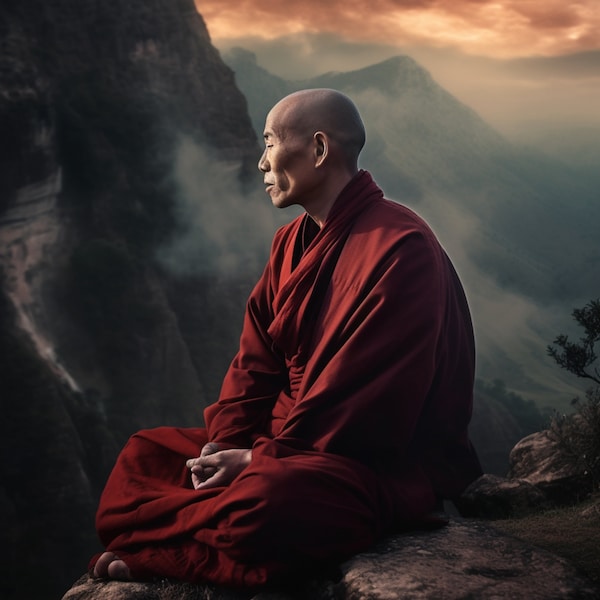 Mountaintop Serenity | AI Art Image | Serene Buddhist Monk | Tibetan Meditation | Mountain Landscape | Inner Peace | Spiritual Journey |