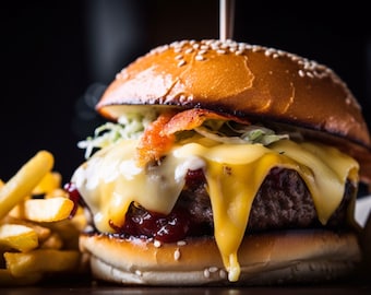 Indulgent Burger & Fries AI Art Experience | Kitchen Wall Decor | Delectable Digital Download | Food-Inspired Home Art | Tantalizing Tastes
