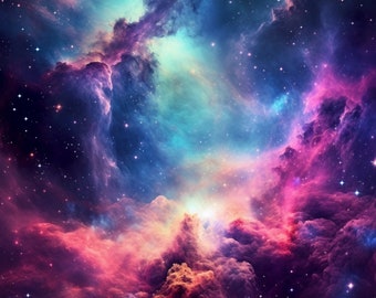 Nebula Igniting | AI Art Image | Epic Cosmic Scene | Vibrant Purples, Blues, and Yellows | Star-Studded Canvas | Distant Galaxy Silhouette