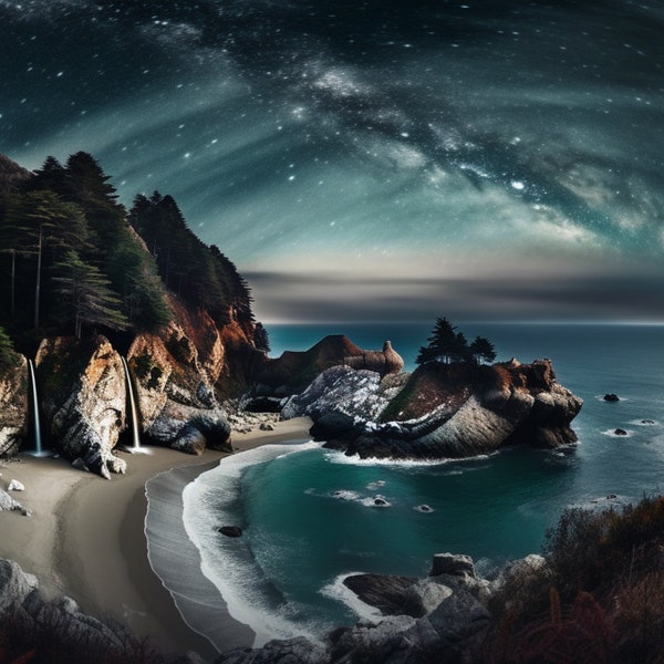 McWay Falls | AI Art | Mixed-Media | Photography & Digital Painting | Night Sky | Starry | Dreamy | 16:9 | Wall Art | Home Decor | Download