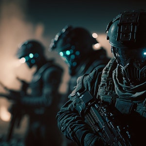 Futuristic Space Soldiers in High-Tech Armor, Night Patrol on a Desert Planet, AI-Generated Digital Print