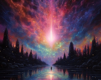 Distant Pulsar | AI Art Image | Surreal Oil Painting | Neon Pink and Cyan Star | Space Spectacle | Cosmic Observer | Vibrant Space Art