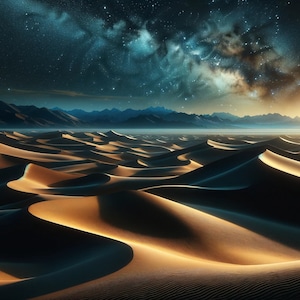 Mystical Moonlit Desert | Realist Digital Art of Dunes under Starry Sky | Serene Desert Night Landscape